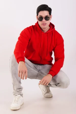 A person who wear red hoodie sit front view