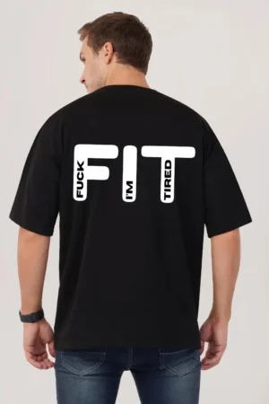 A person who wear black t shirt with fit printed on back