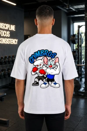 A person who wear white t shirt, gym bros printed on the back side.